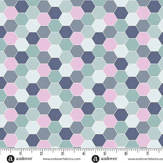 Hexagon pattern fabric in aqua, pink, and navy with white background