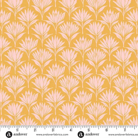 Yellow cotton fabric with water lily botanical pattern, Andover Fabrics design