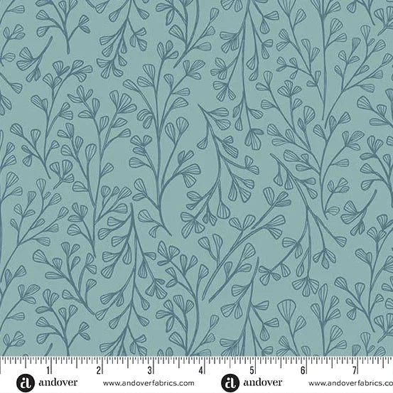 Aqua leaf-themed quilting fabric with blue-green foliage pattern