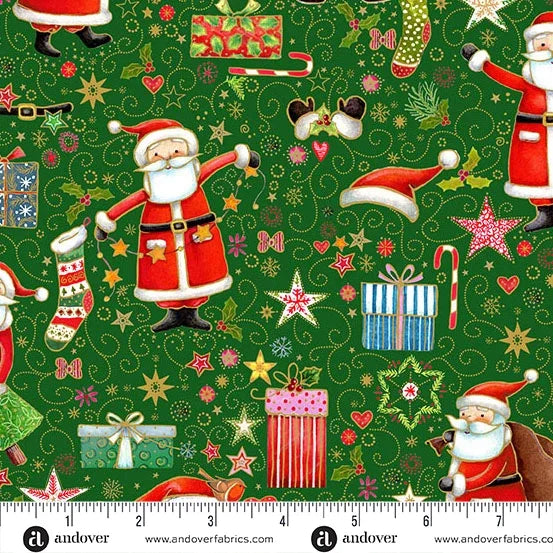 Christmas quilting fabric with green Santa and gift pattern, multicolor ornaments