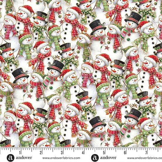 Christmas snowman quilting fabric with red, green, and white figures and hats