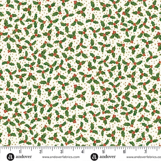 Christmas quilting fabric with red and green floral motifs on white