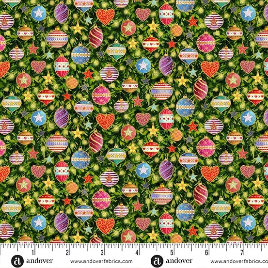 Holiday Christmas fabric with ornaments and stars pattern, dark green background