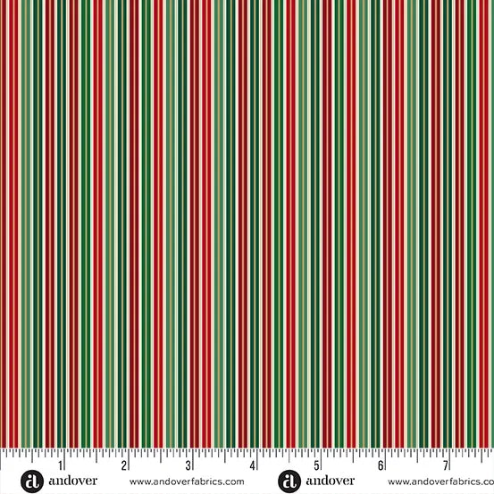 Striped fabric yardage with red, green, and white vertical lines