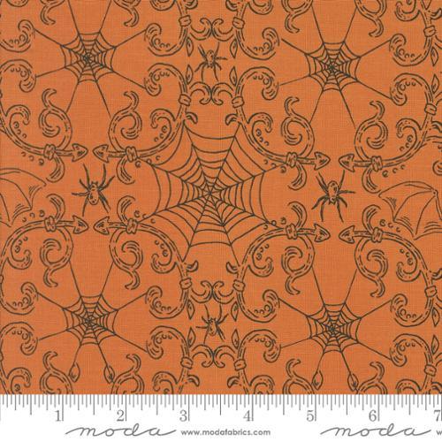 Orange Halloween cotton fabric with pumpkin, bats, spiders, web pattern