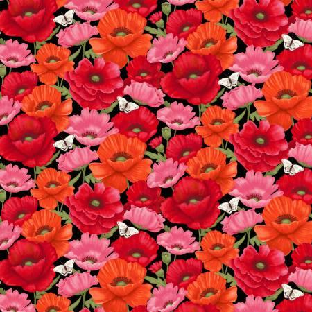 Multicolor poppy floral fabric with red, orange, pink blooms and small bow motifs