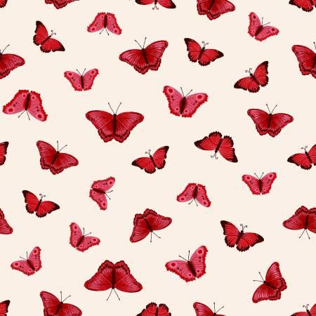 Cream Christmas fabric with scattered red butterflies, wing details and antennae.