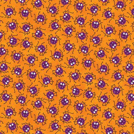 Orange Halloween spider fabric with purple cartoon spiders and web lines