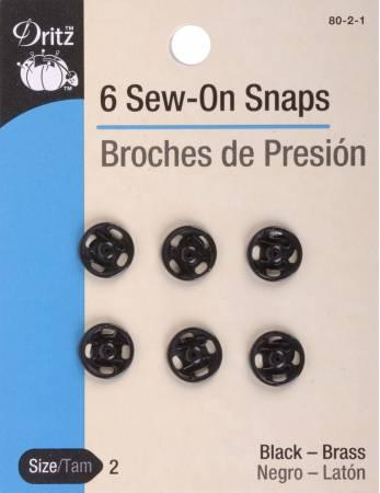 Sew-on snap fasteners, size 2, black with brass, 6 pack
