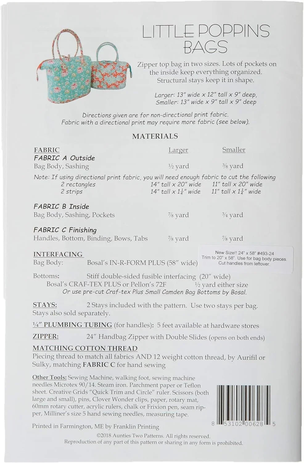 Little Poppins Bags sewing pattern instruction sheet with materials and sizes list