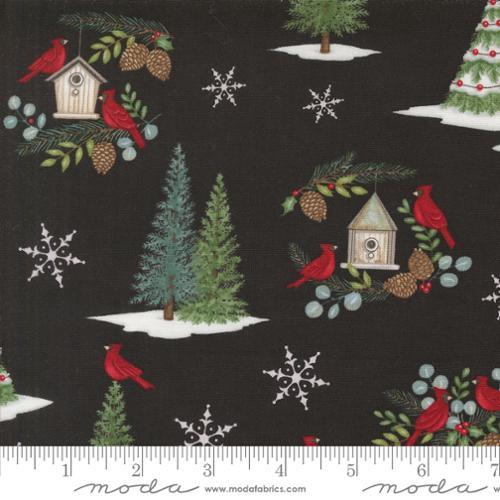 Charcoal black cotton fabric with cardinals, evergreens, snowflakes and birds