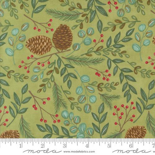 Cotton quilting fabric with green leaves, red berries, and pine cone motifs