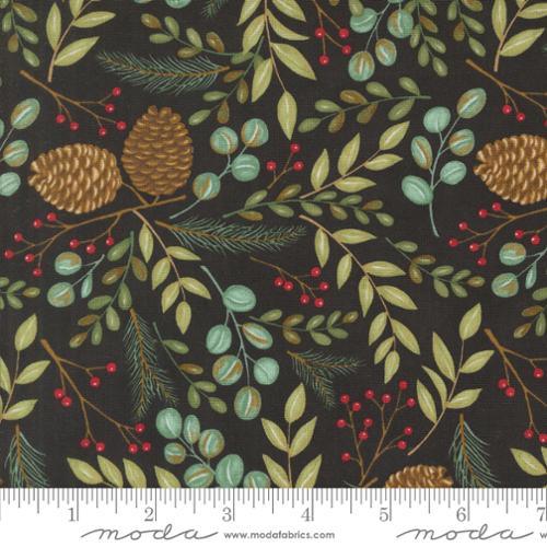 Charcoal cotton quilting fabric with leafy branches, berries, and pinecone motifs