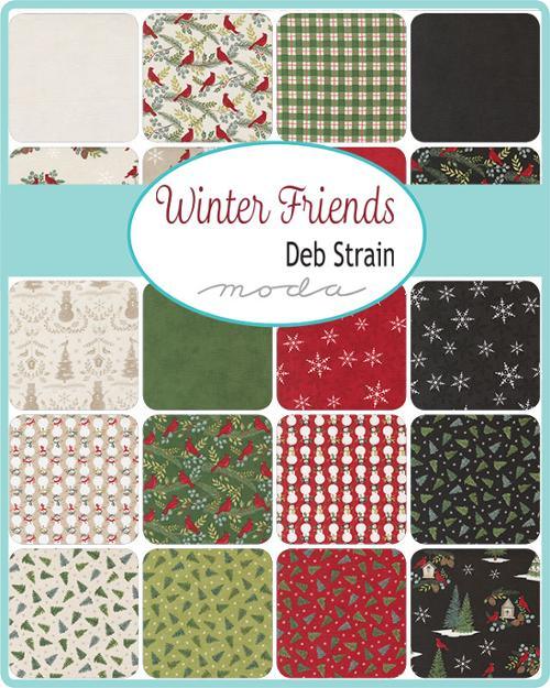 Fabric charm squares assortment, winter motifs on assorted red, green, and dark backgrounds