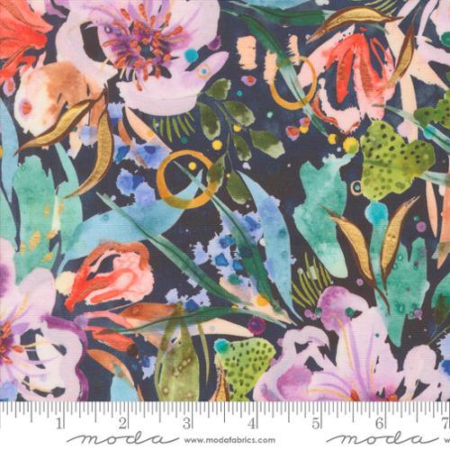 Multicolor floral and botanical print fabric, dark background with leaves and flowers