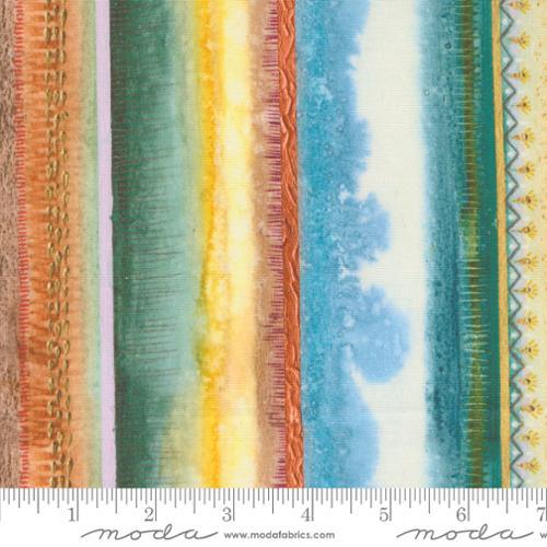 Multicolor cotton fabric panel with vertical watercolor stripes in green, yellow, orange, blue
