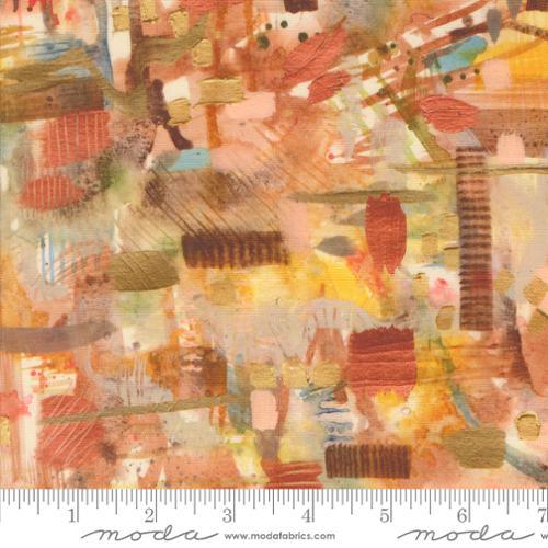 Abstract multicolor patchwork fabric with red, ochre, cream, and green shapes