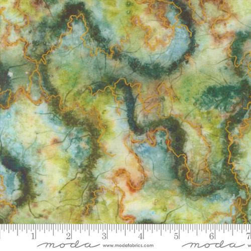 Wanderlust jadeite 39847 fabric with teal, gold, and rust abstract marbling pattern
