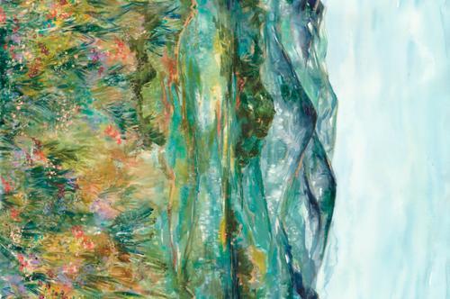 Abstract mountain landscape fabric with teal, green, and multicolor streaks
