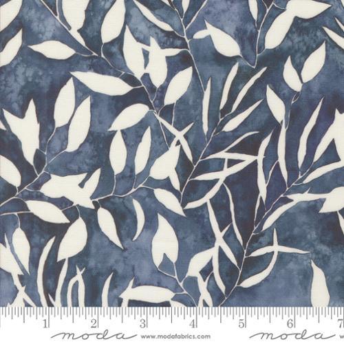Leaf print quilting fabric, navy blue and cream botanical pattern
