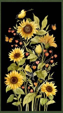 Sunflower fabric panel with yellow blooms, dark centers, and orange butterflies