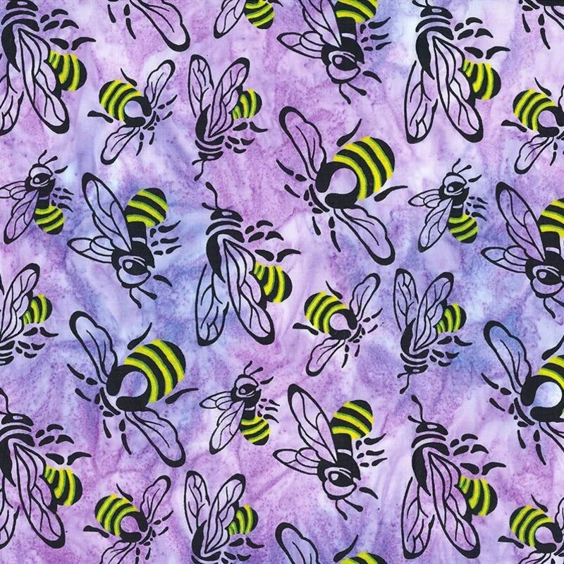 Lilac batik fabric with black, yellow-striped bees and outlined flowers