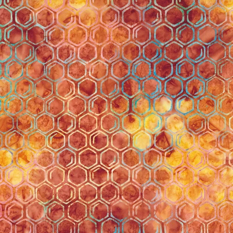 Rust honeycomb batik fabric with multicolor hexagon pattern