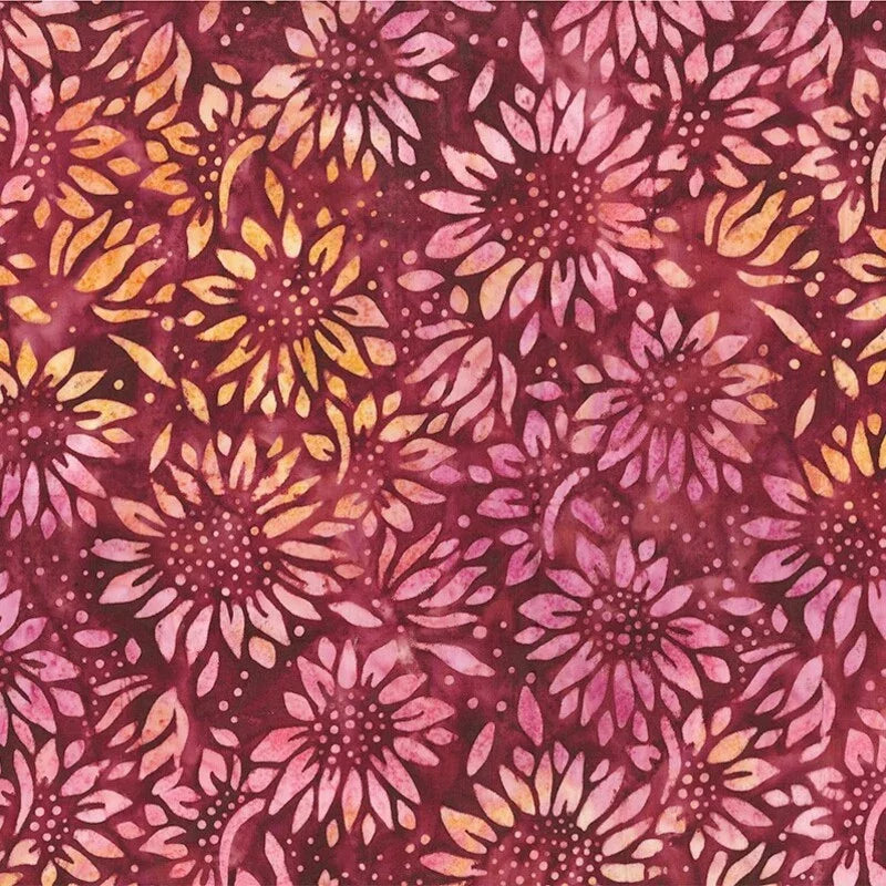 Wine batik fabric with pink and gold floral medallion pattern