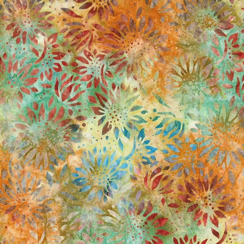 Floral batik-style cotton fabric with rust, teal, blue and yellow flower pattern