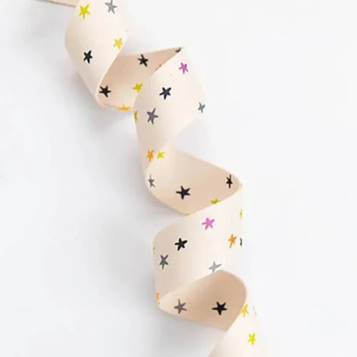 Star-printed webbing ribbon, light natural with multicolor stars, 1.5 in
