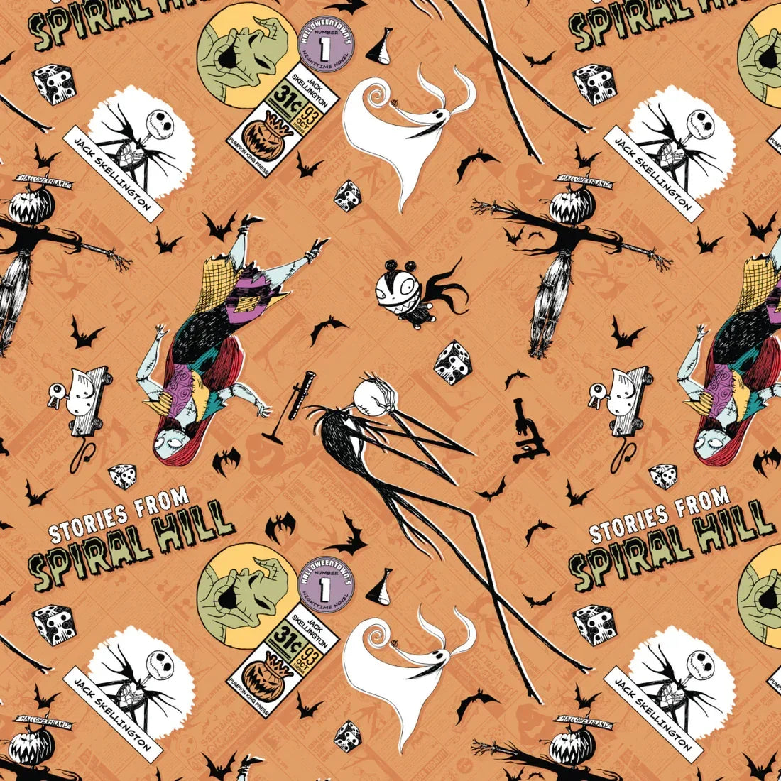 Orange cotton woven fabric with cartoon Halloween characters and spooky icons allover