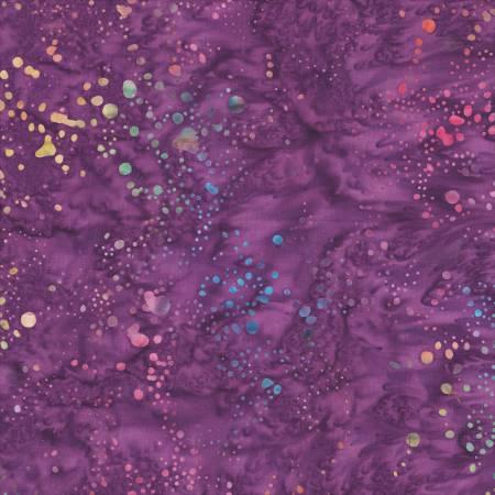 Purple batik fabric with multicolor paint splatter dots