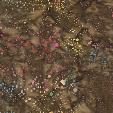 Batik fabric with dark brown base and multicolor paint-splatter dot pattern