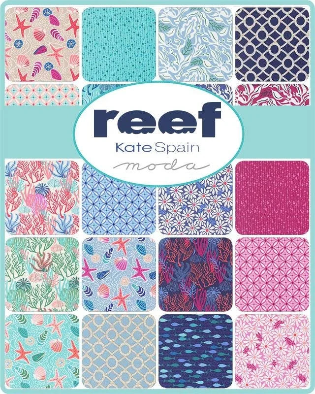 Reef mini charm fabric pack with assorted ocean-themed prints, 10 squares