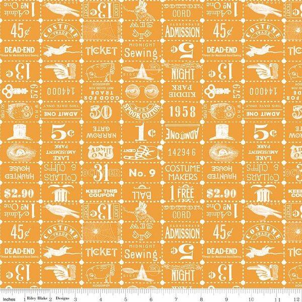 Orange ticket grid fabric with vintage numbers and text pattern