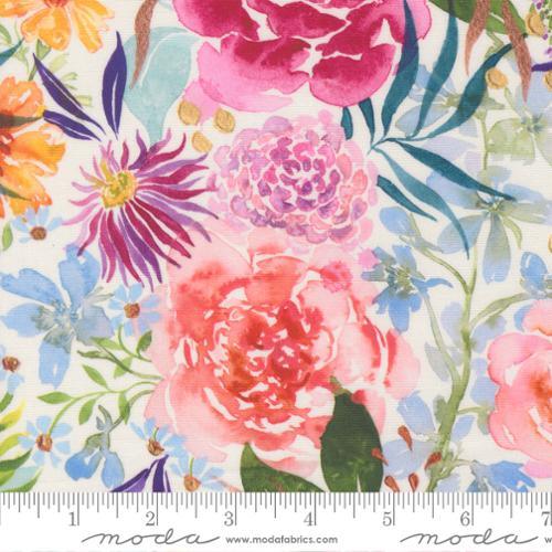 Floral fabric swatch with pink and red flowers, blue leaves, on light fabric