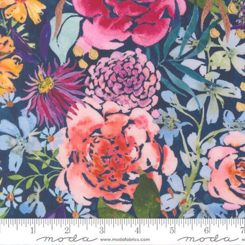 Close-up floral fabric on navy with large pink and teal blossoms, orange accents