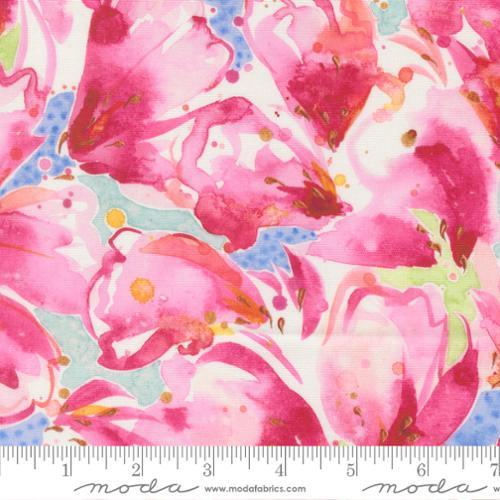 Peony floral fabric swatch in pink and magenta with teal leaves and scattered dots