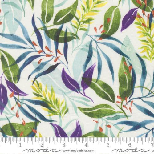 Fern and leaf fabric swatch with blue foliage, purple accents, and small red buds