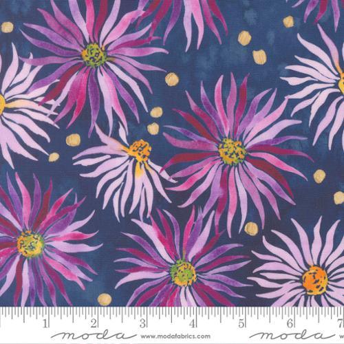 Navy floral fabric with large radial blooms in pink, purple, and yellow