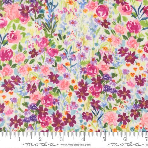 Pastel multicolor floral print fabric with roses, wildflowers, and green stems