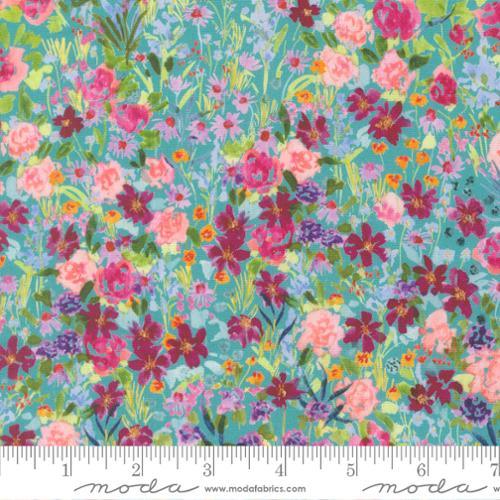 Dense floral quilting fabric with turquoise background and bright pink, purple, and peach blooms