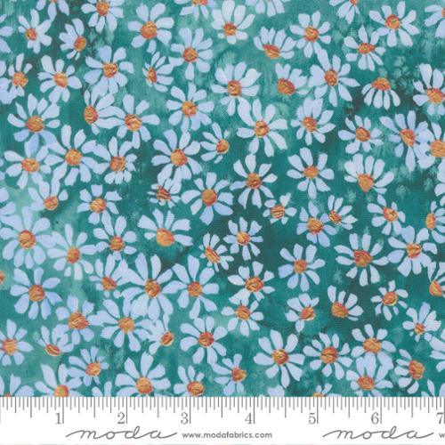 Teal floral cotton fabric with repeating daisy pattern in white, orange, and pale blue