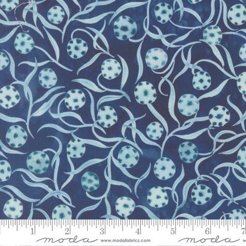 Navy printed cotton fabric with light blue ball motifs and twisting vine pattern