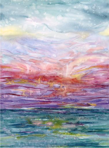 Abstract rainbow fabric panel with pastel sky and pink-to-purple horizon
