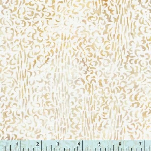 Batik cotton fabric with beige ground and brown abstract swirls, shown folded flat.