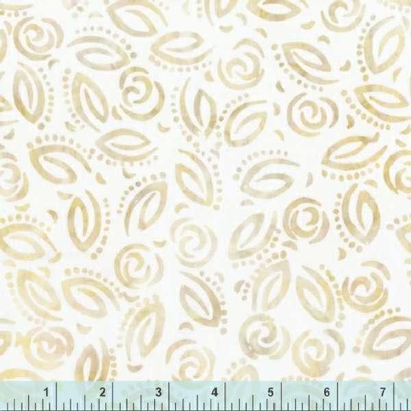 Almond batik fabric swatch with white spiral and leaf pattern, small repeats.