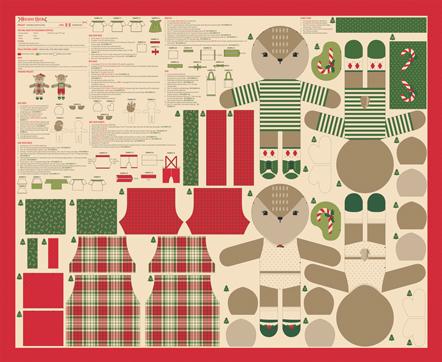 Holiday reindeer stuffies fabric panel on natural background with striped and plaid details