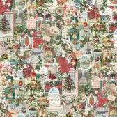 Multi-color Christmas collage fabric with houses, trees, ornaments, and candles