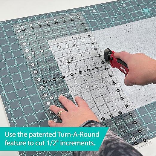 Rectangular quilting ruler with measurement grid and diagonal cutting guides